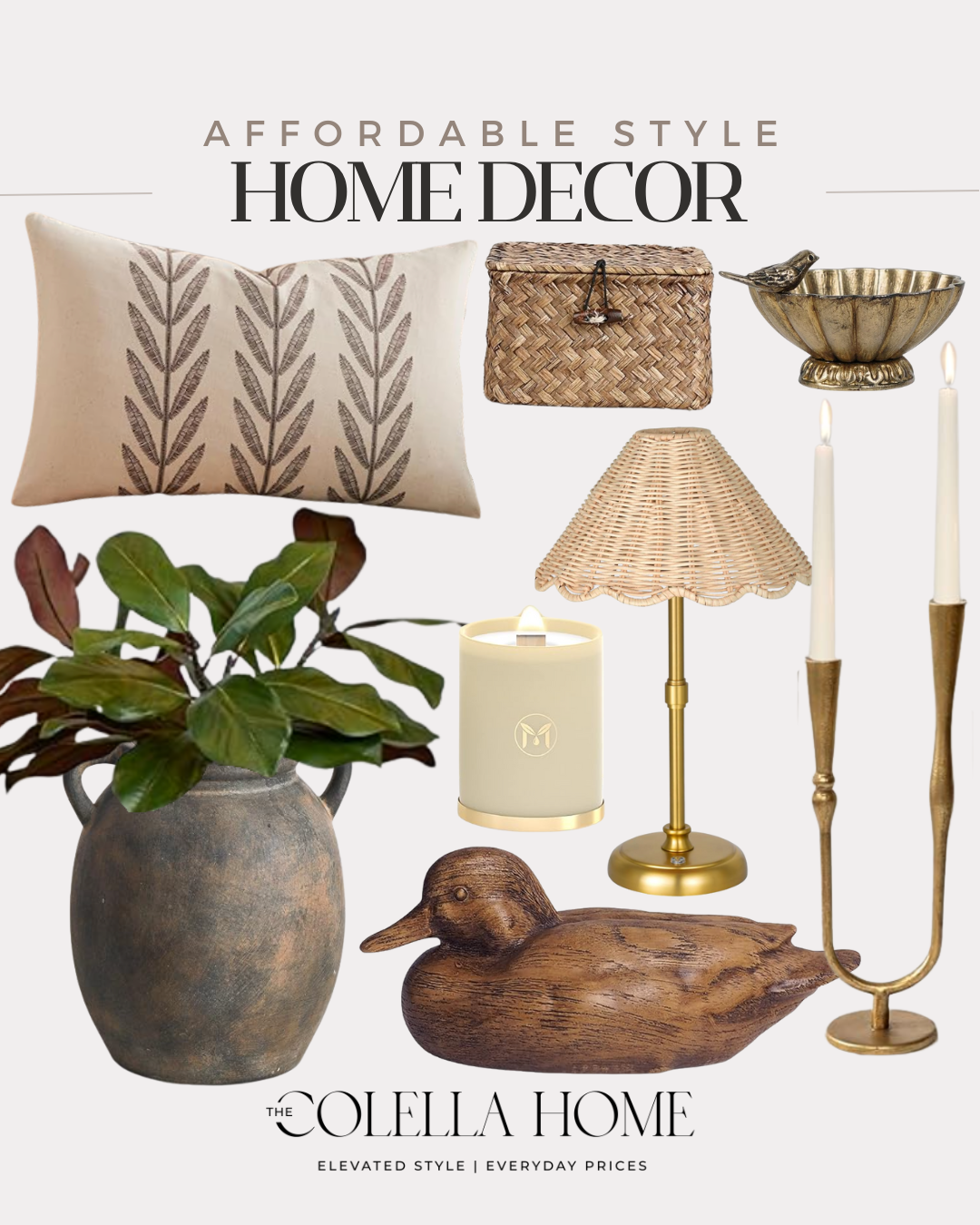 Earthy vintage home decor mood board featuring warm neutral tones, antique furniture, natural textures, aged wood, soft linens, and timeless cozy styling.