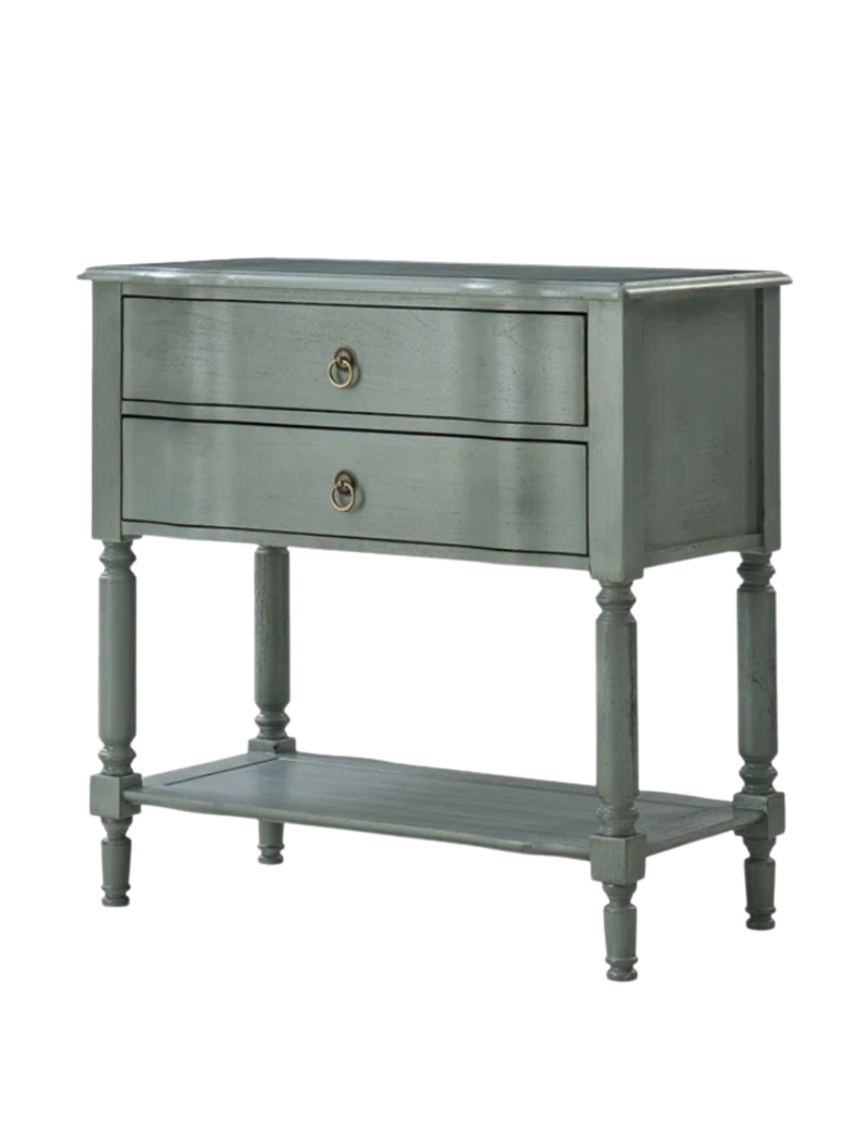 Vintage blue nightstands in an earthy muted blue finish, styled for a bedroom interior