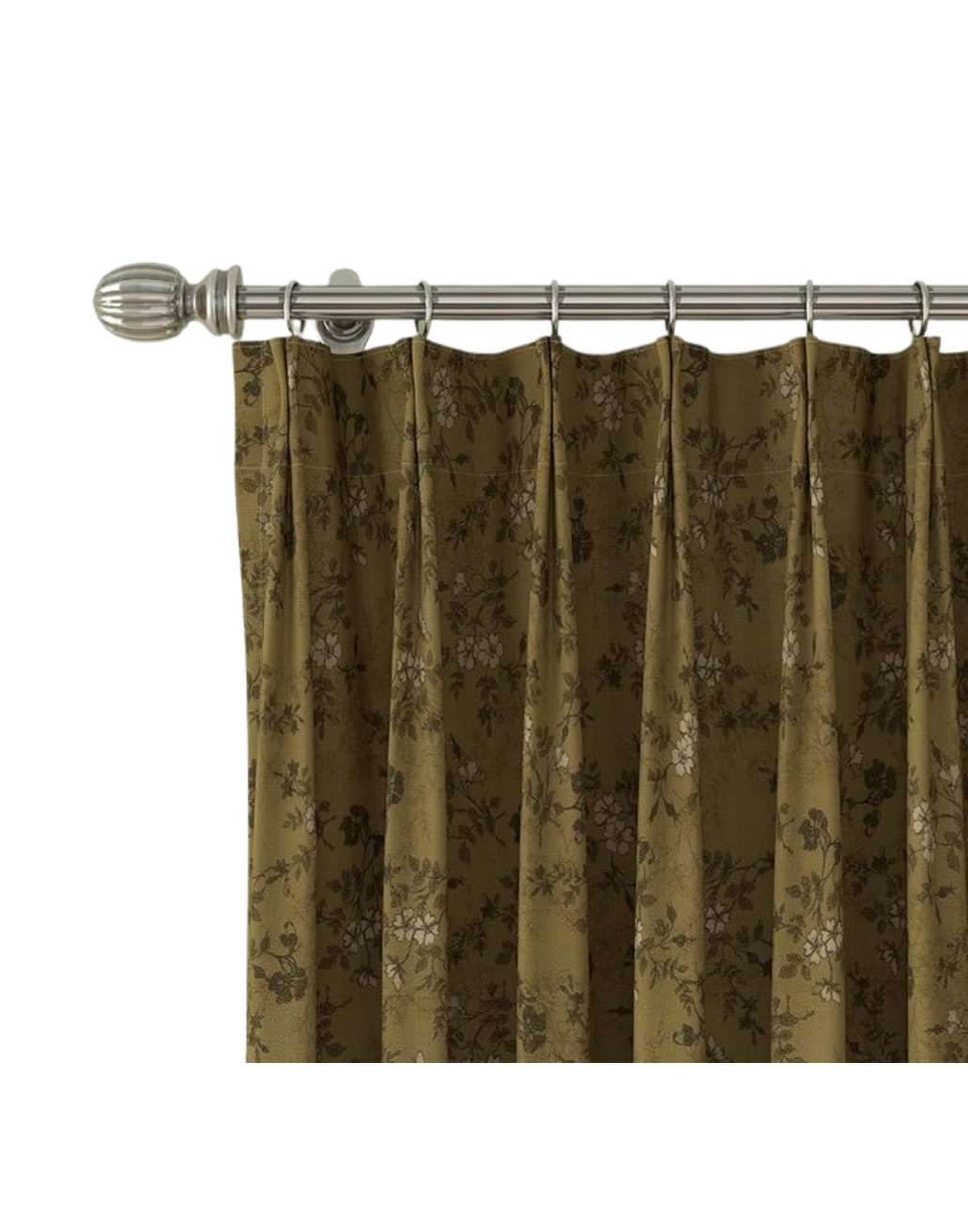 Brown floral patterned curtains hanging on a silver curtain rod.