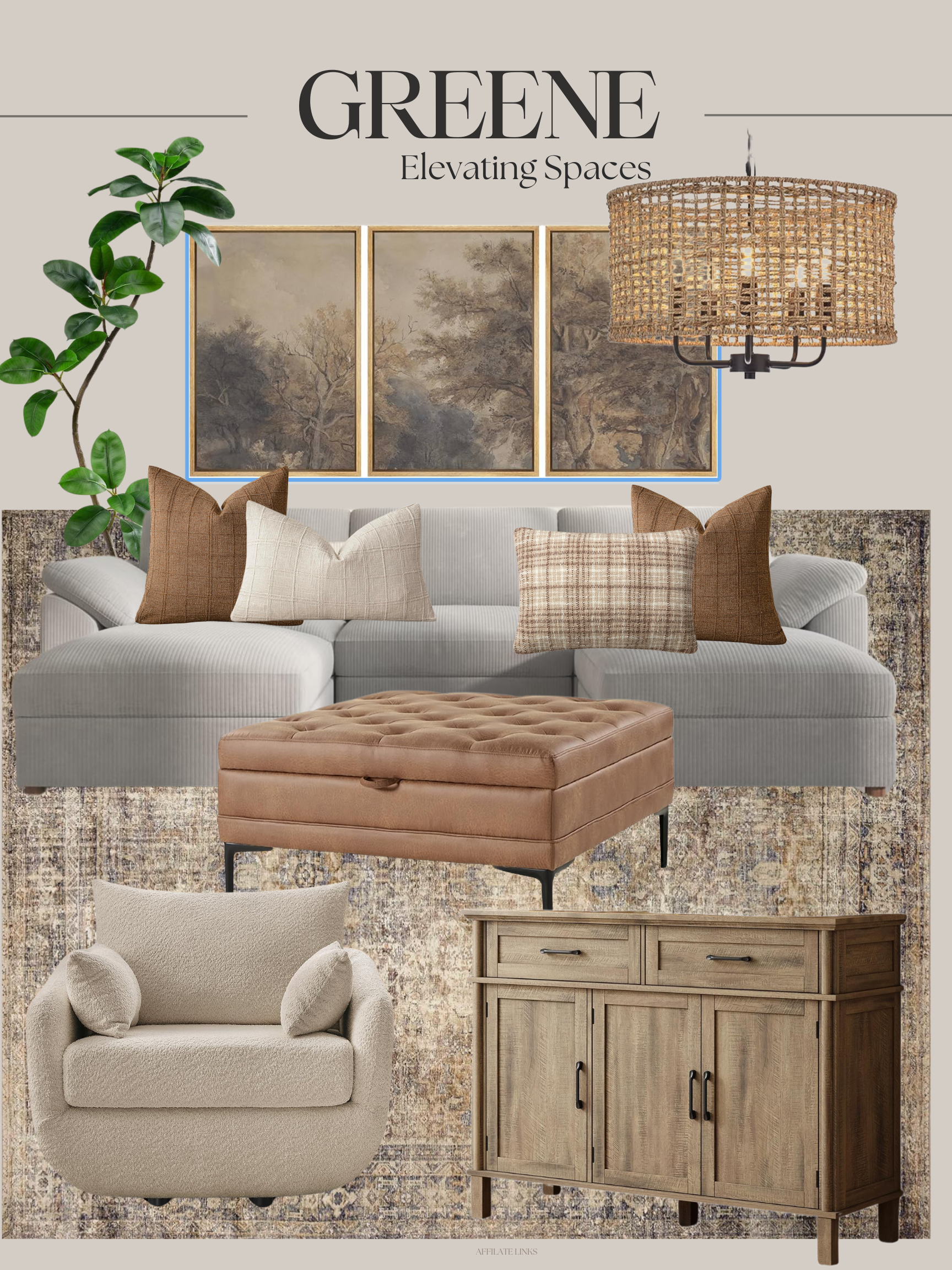 Affordable room inspiration mood board featuring neutral earthy tones, cozy textures, warm wood furniture, soft linens, minimal decor, and natural light for a calm, inviting space.