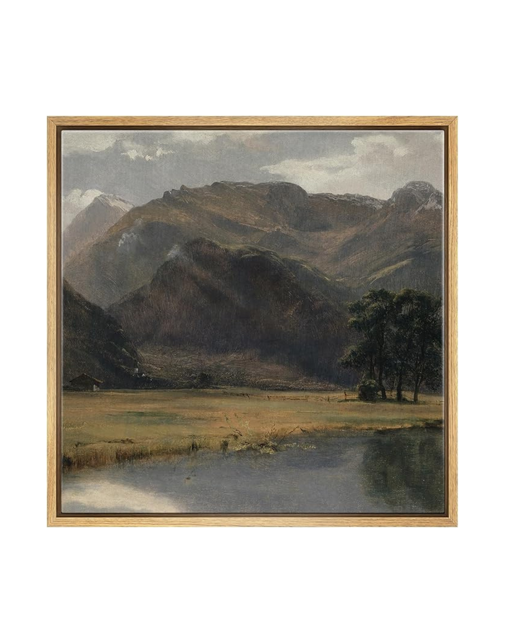 Landscape painting of mountains, trees, and a calm river or lake in a frame.