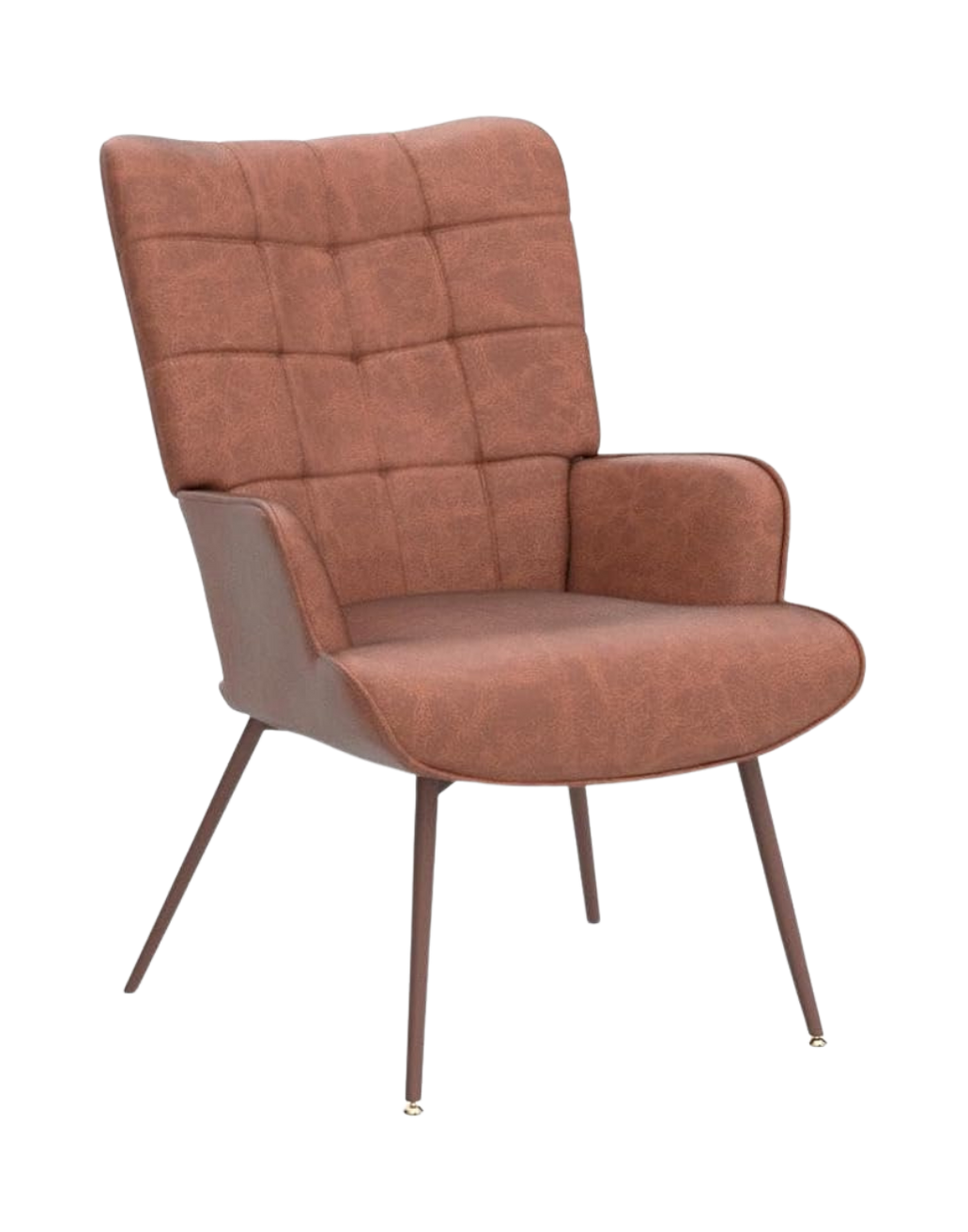 A vintage-style armchair with a high backrest, brown upholstered fabric, wooden legs, and a slightly curved seat.