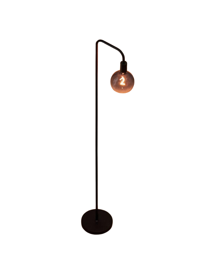 A modern black floor lamp with a round base and a tall slender pole, topped with a copper-colored spherical light bulb marked with the number 2