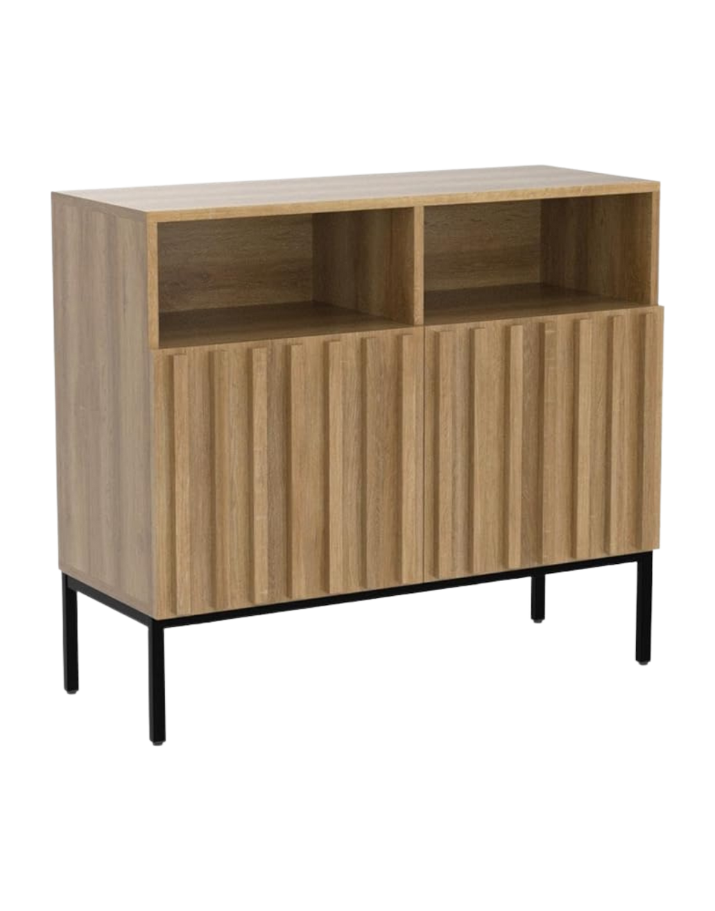 Wooden cabinet with open shelf section on top and slatted door storage below, supported by black metal legs.