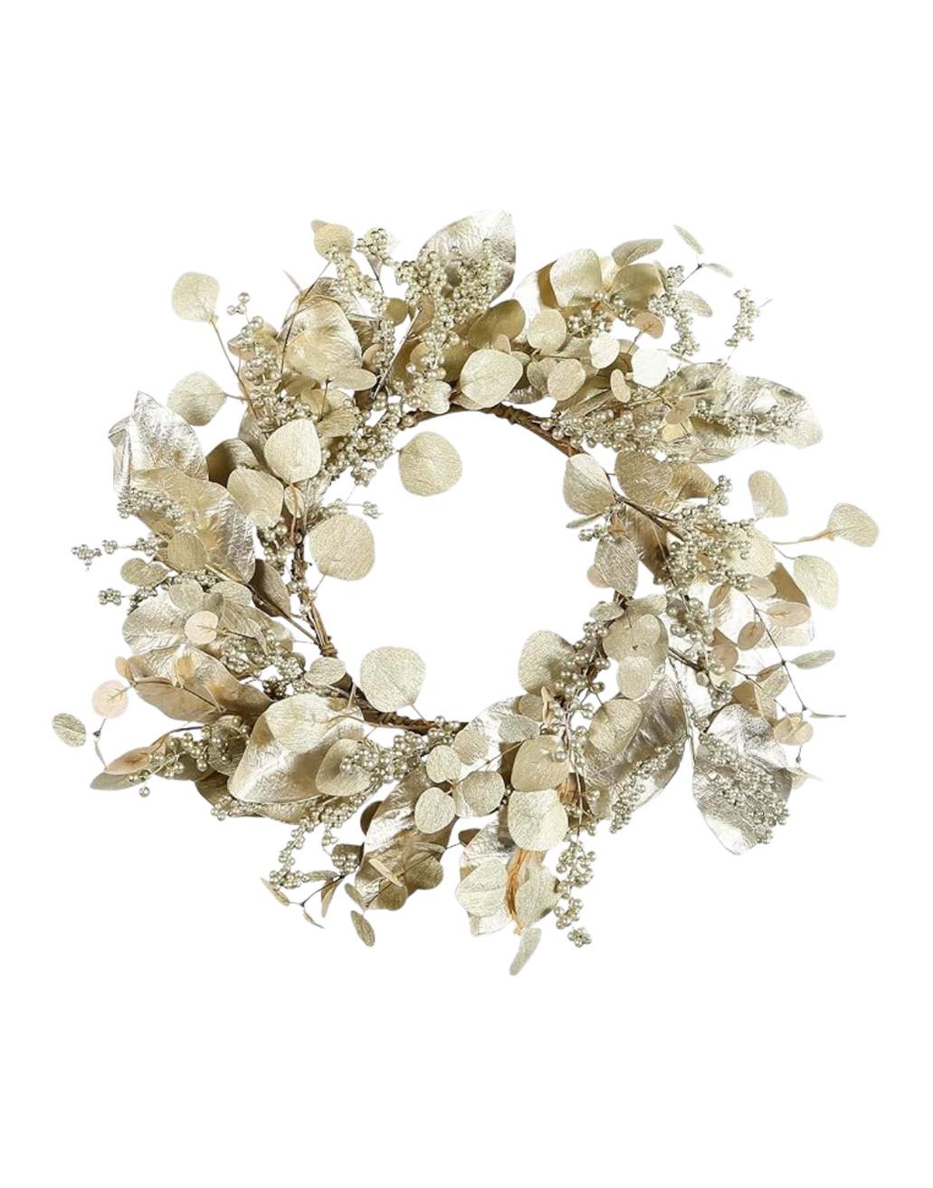 Elegant wreath made of white and silver decorative leaves, berries, and floral elements, designed for holiday or special occasion decor.