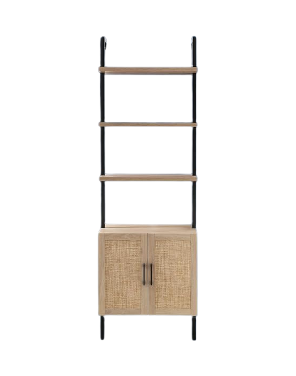 A tall wooden shelf unit with four open shelves and a two-door cabinet at the bottom.