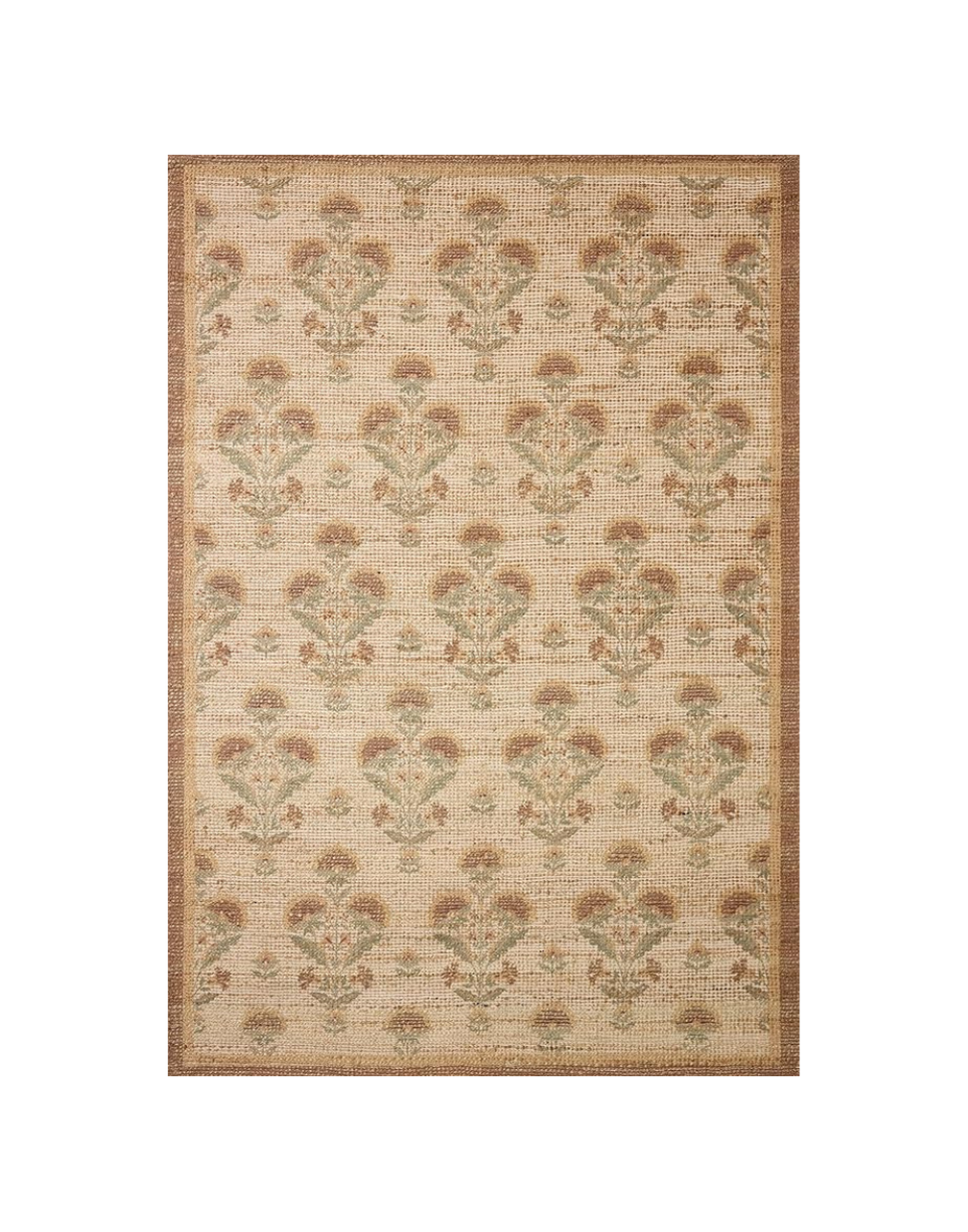A traditional area rug with a beige background and floral patterns in shades of brown, green, and red, bordered by a darker brown edge.