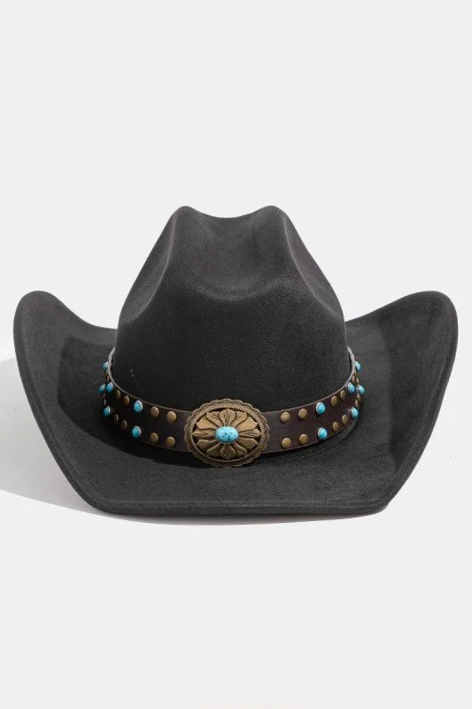 Western Turquoise Concho Strap Cowboy Hat-Black