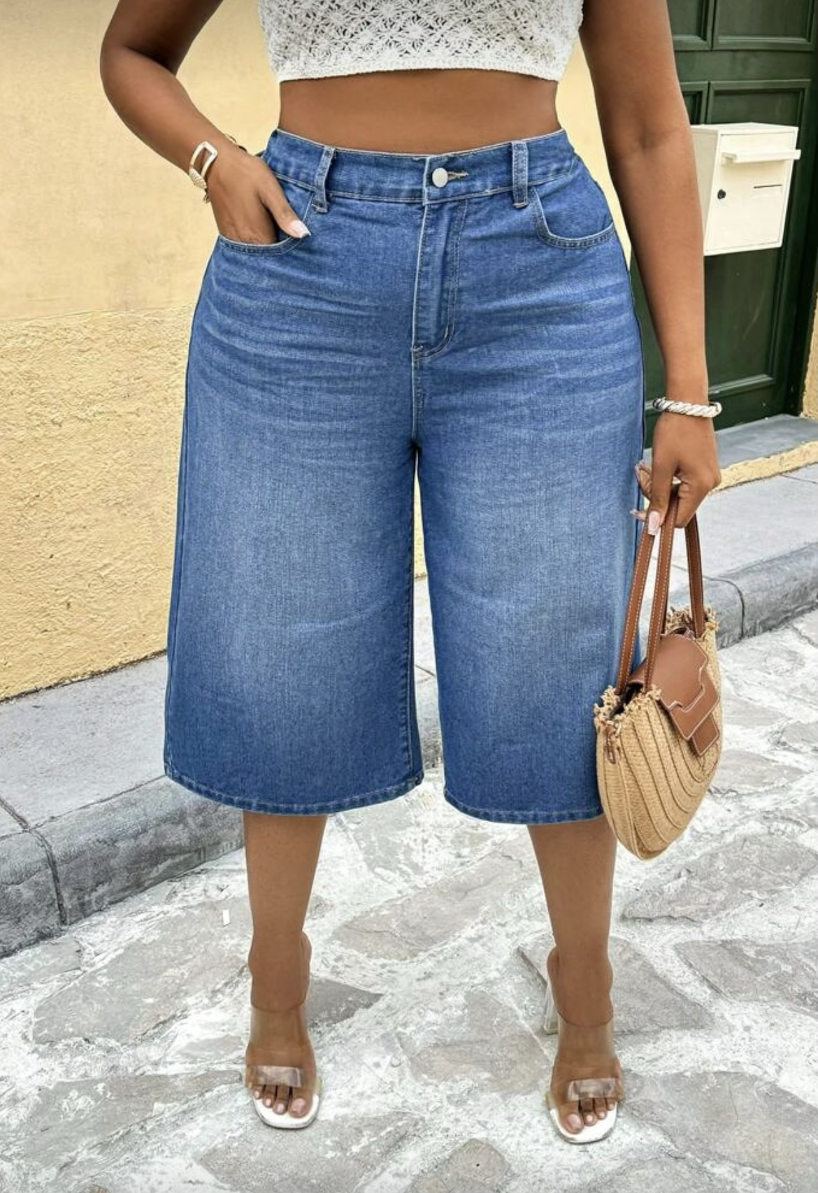 Blue Denim Wide Leg Capri Shorts
