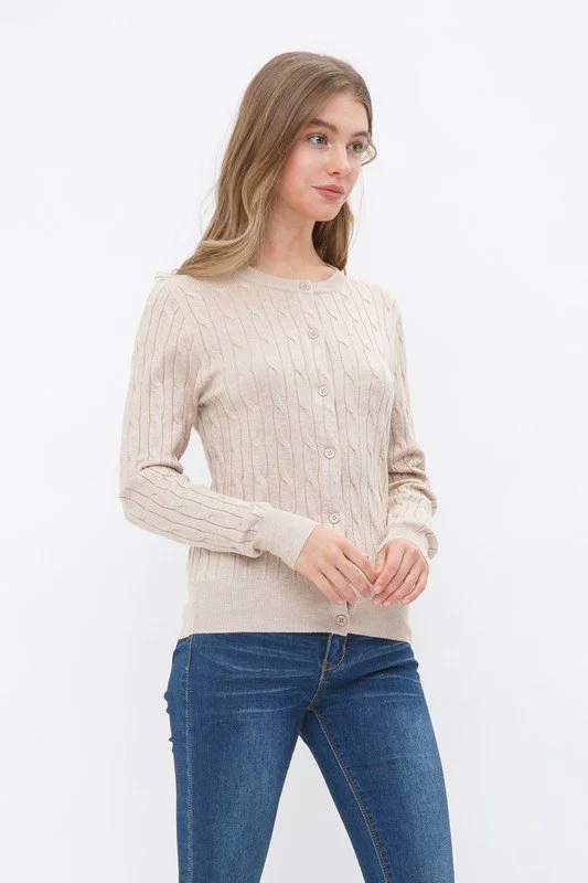 Cielo Crew Neck Cable Knit Button Down Cardigan - Khaki