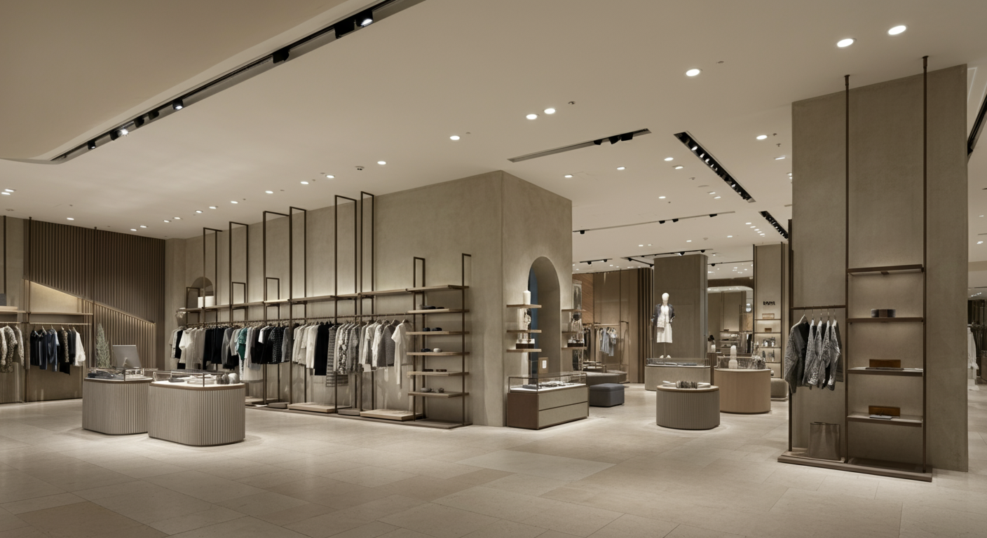 Interior of a clothing store with racks of clothes, display tables, and mannequins.