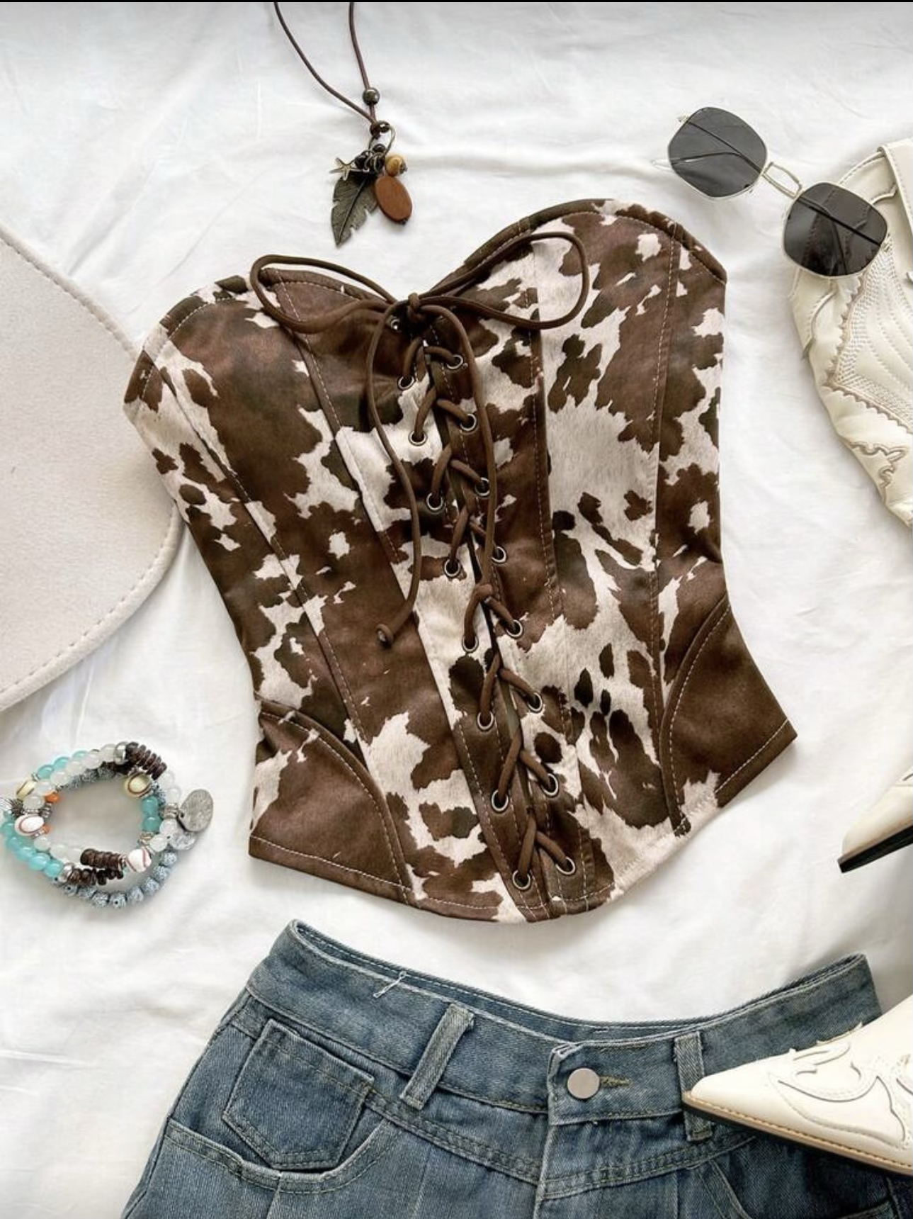 Sexy Suede Bandeau Tie-Up Rivet Corset Top