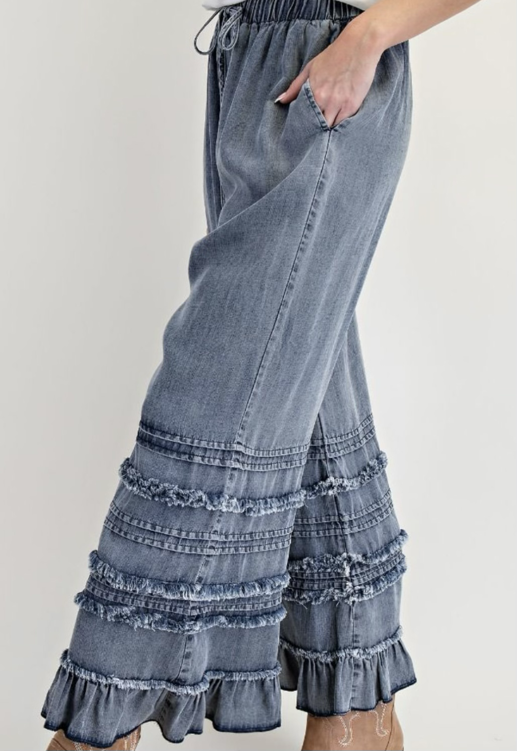 Frayed Tiered Denim Wide-Leg Pants