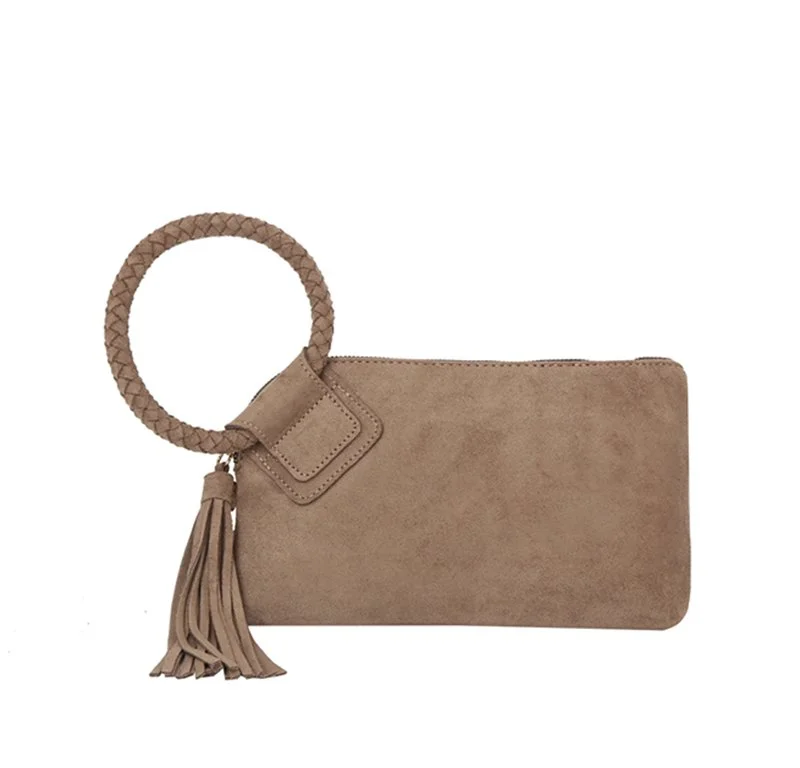 Suede Cuff Handle Tassel Wristlet Clutch
