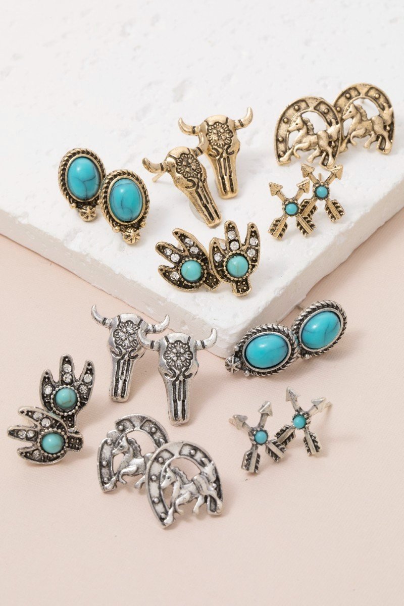 Assorted Five Pair Western Stud Earrings Set