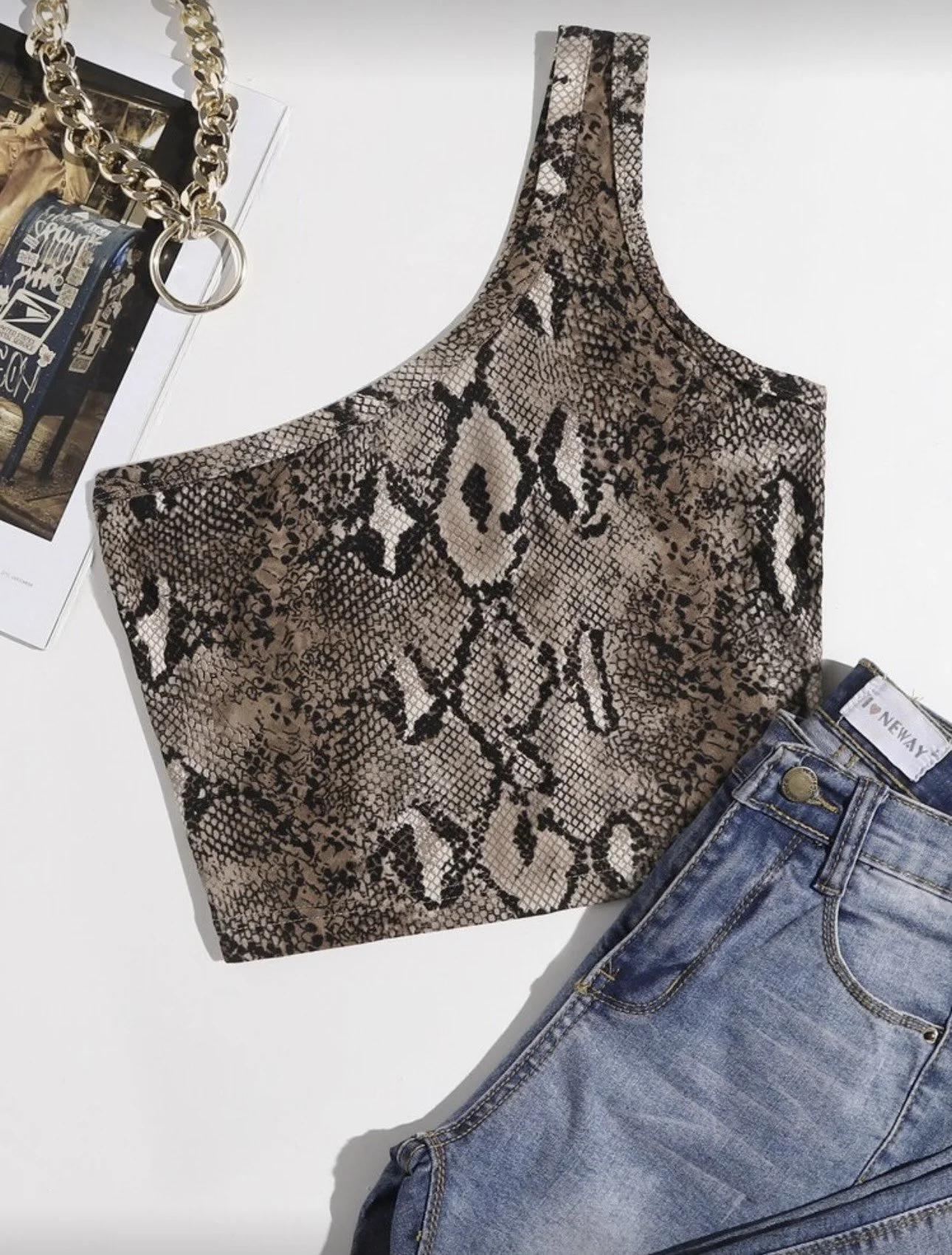 One Shoulder Snakeskin Print Top