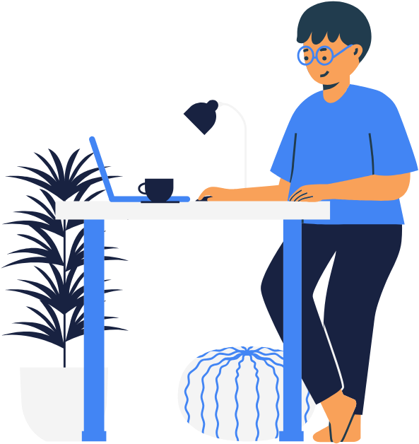 Illustration einer Person beim Arbeiten am Laptop an einem Schreibtisch, mit einer Pflanze im Hintergrund und einem Kissen unter dem Tisch, bei Tageslicht.
