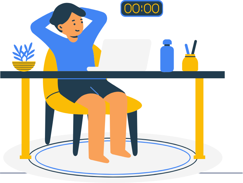 Mensch sitzt entspannt an einem Schreibtisch mit Laptop, Wasserflasche, Stiften und Pflanze, während eines Online-Wettbewerbs, Hintergrund dunkel.