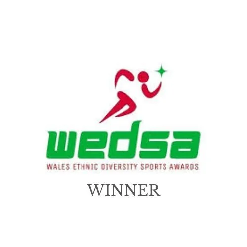 Logo for Wales Ethnic Diversity Sports Awards featuring a stylized runner and a star, with the text 'wedsa' and 'WINNER' underneath.