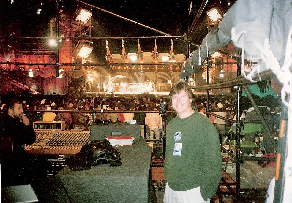 Frank and Jim Brawley on the mix riser at The Rolling Stones "Steel Wheels" tour