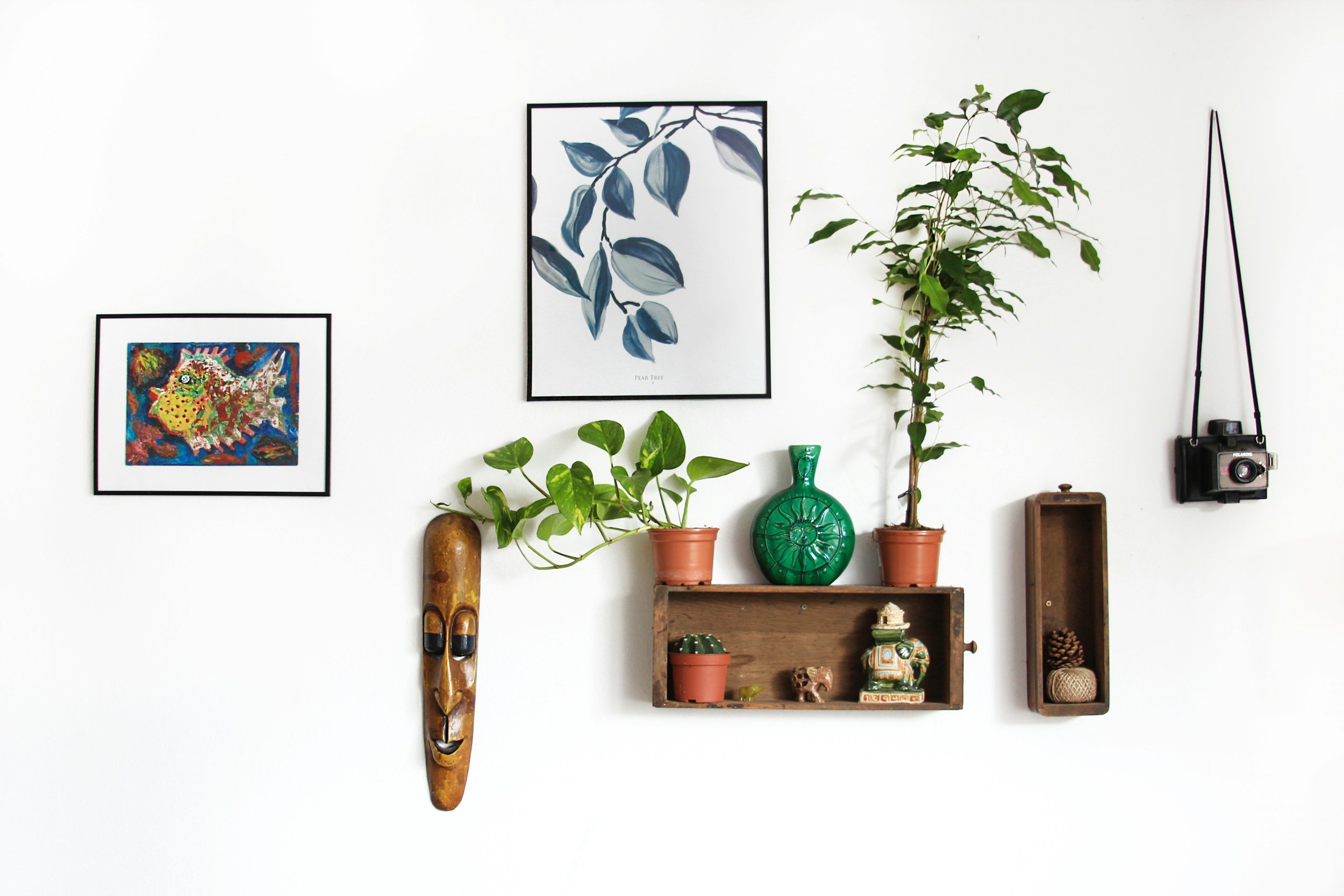 Decorative wall with framed artwork, a wooden mask, hanging camera, potted plants, a wooden shelf with small decorative items, and botanical prints on a white wall.