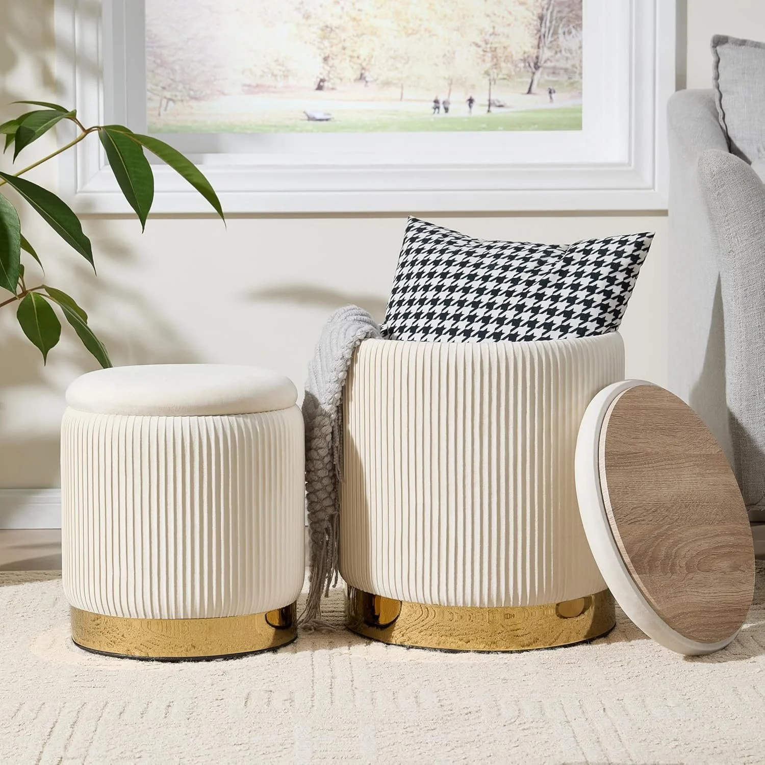 Velvet Ottoman Set with Gold Base