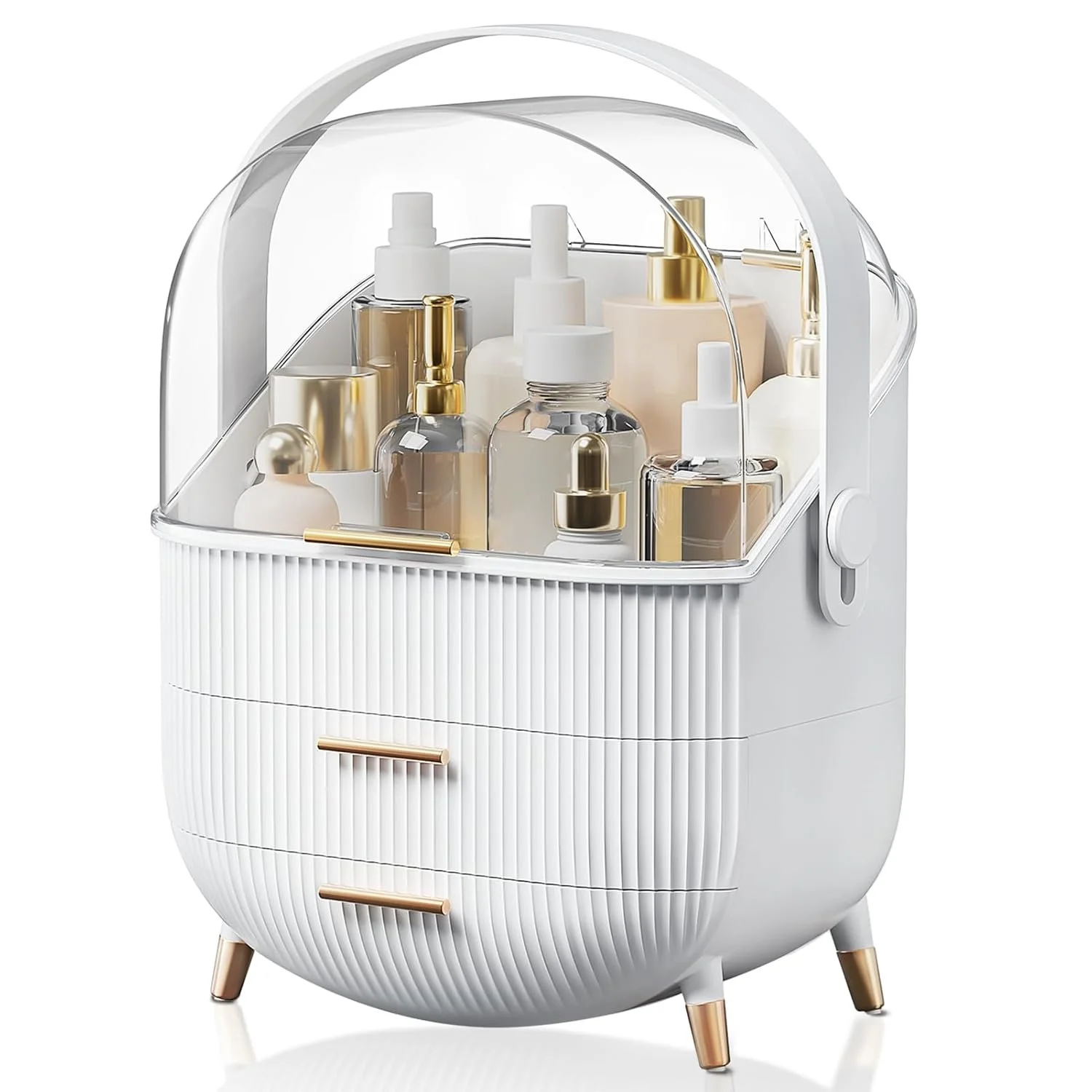 White makeup organizer with drawers, clear lid, and handle