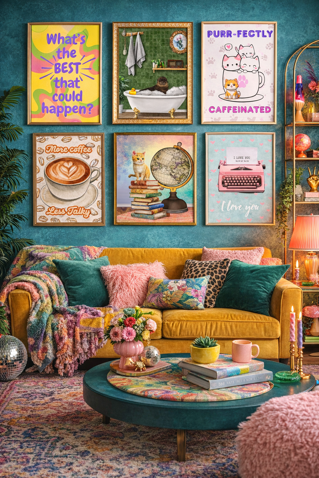 A colorful living room with a yellow sofa filled with various patterned and solid-colored cushions, a multicolored knit blanket draped over one arm. A teal round coffee table in front holds books, a pink vase with flowers, a yellow pot with a succulent, and a pink mug. The wall behind features six framed art pieces: a quote, a bath scene with a seal, cartoon cats, a coffee cup, a stack of books with a cat and globe, and a typewriter with a love note. To the right, a tall shelf displays decorations, and a pink lamp emits warm light. Potted plants decorate the room.