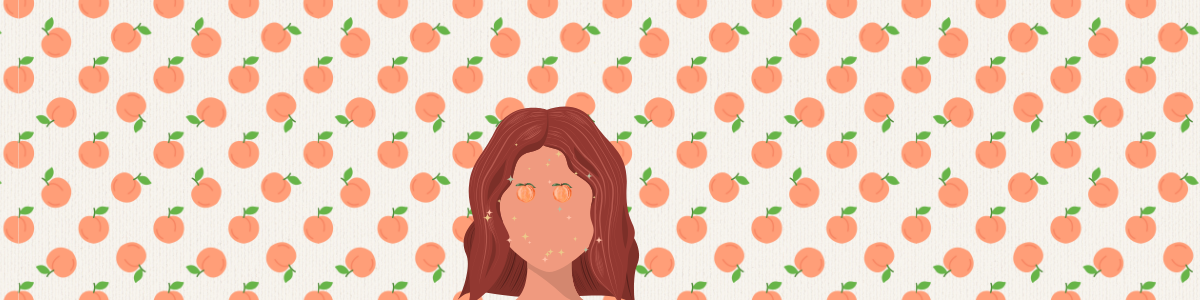A digital illustration of a woman's face surrounded by a pattern of peaches and peach leaves in the background, with peach-shaped objects covering her face.