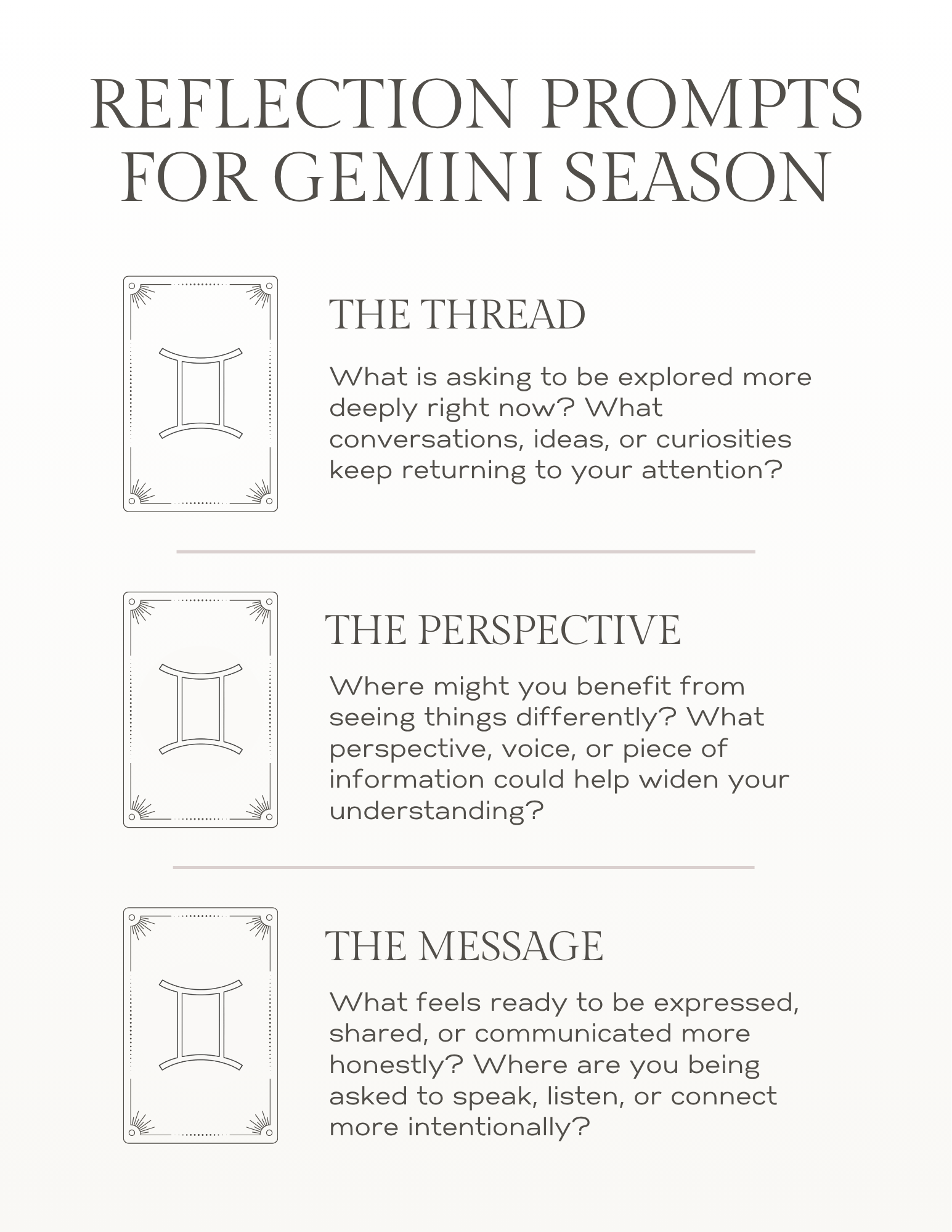 Three-card Gemini season reflection prompts tarot spread featuring themes of the thread, perspective, and message for journaling, tarot, or oracle card reflection.