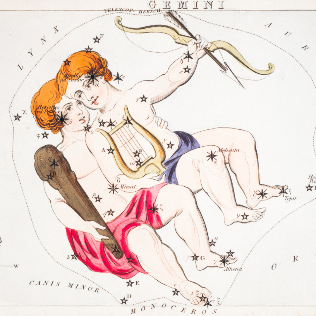 Vintage illustration of the Gemini constellation depicting the mythological twins Castor and Pollux surrounded by labeled stars in a classical astrology chart style.