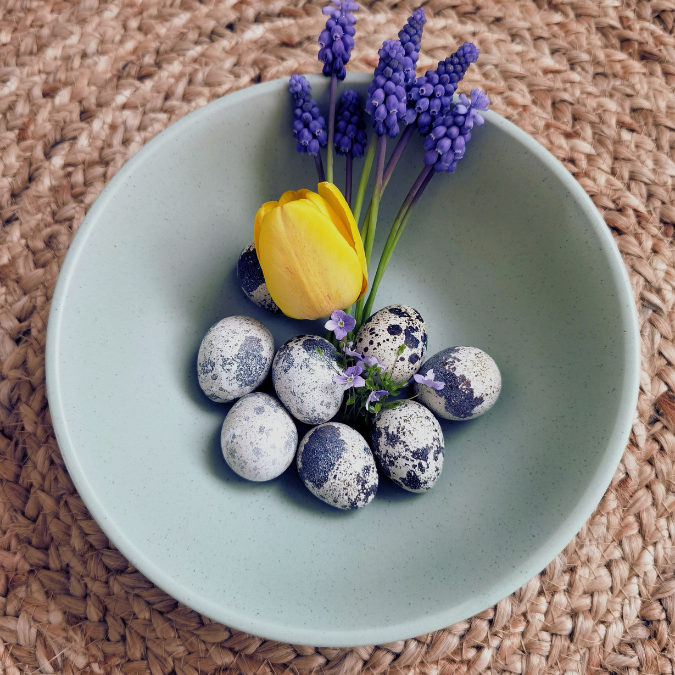 Speckled eggs arranged with spring flowers including a yellow tulip and purple grape hyacinth, symbolizing renewal and the Ostara Spring Equinox on the Wheel of the Year.