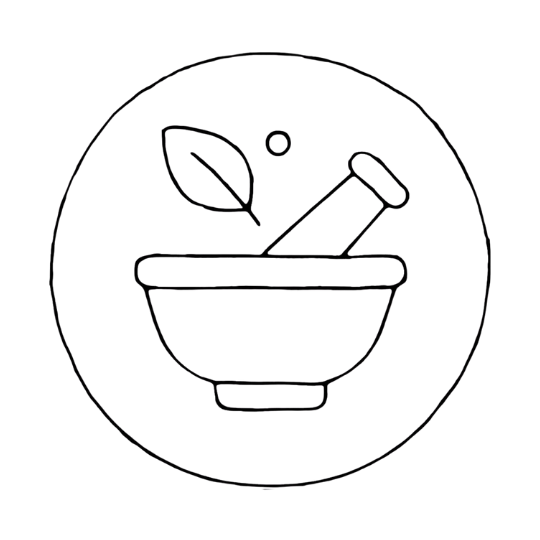 A simple black and white outline photo of a classic Ayurveda symbol of medicine bowl with a leaf.