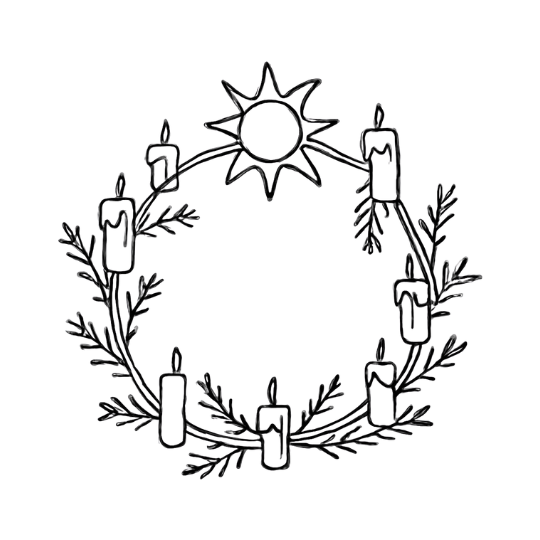 Candle wreath encircling a sun symbol representing Yule and the return of light at the Winter Solstice.