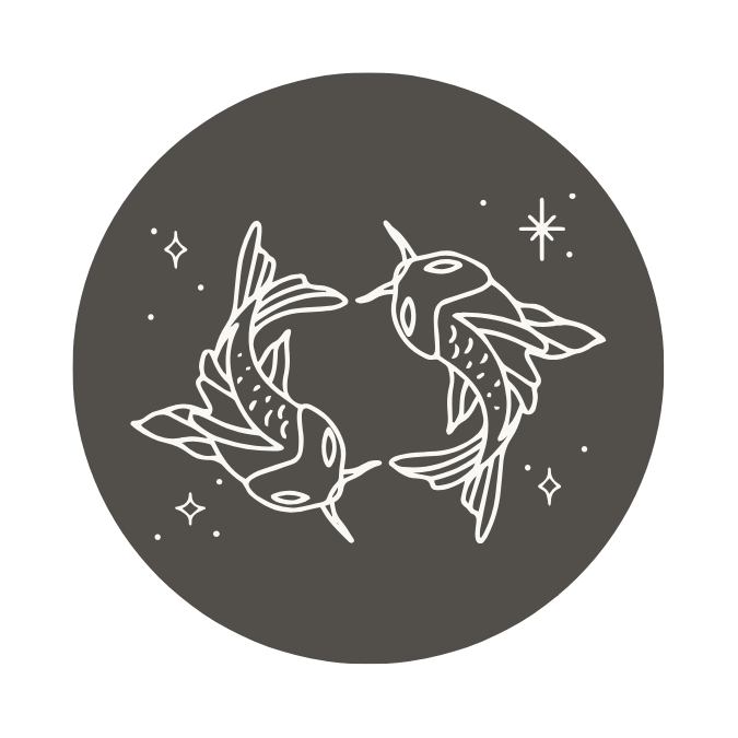 Minimal line illustration of two Pisces fish forming a circle with small stars around them, representing the Pisces zodiac sign and the Pisces New Moon.