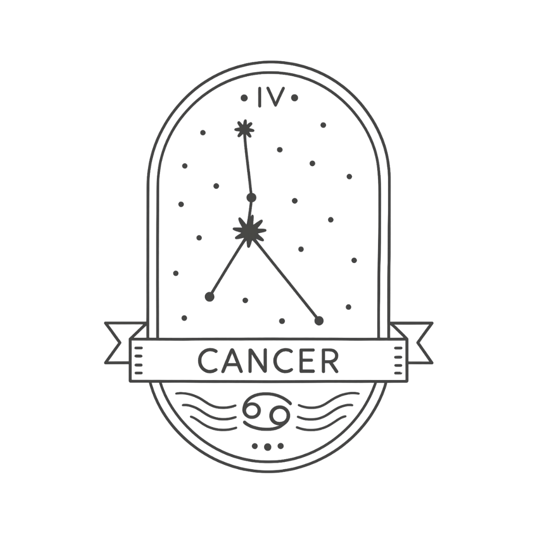 Cancer zodiac sign illustration featuring the Cancer constellation, zodiac glyph, and water symbolism associated with nurturance, intuition, and belonging.