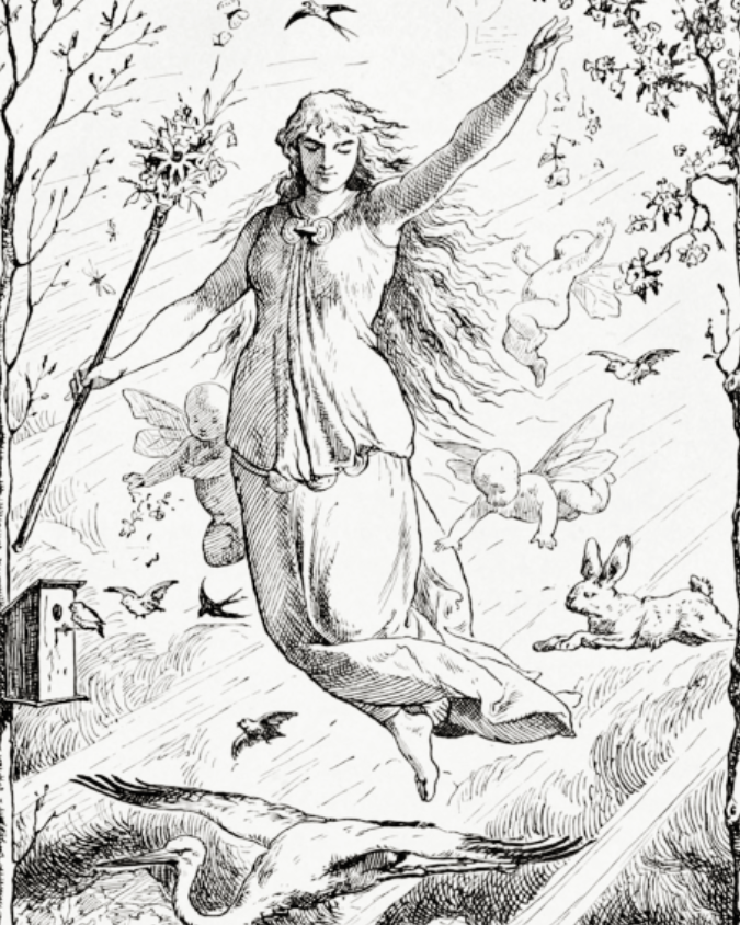 Illustration of a spring goddess figure surrounded by birds, hares, and blossoms, symbolizing fertility, renewal, and seasonal emergence during Ostara and the Spring Equinox.