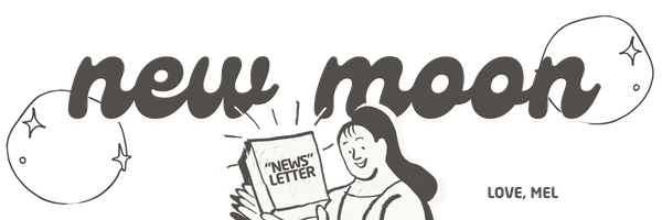 Illustration of a woman reading a newspaper titled "News Letter" with the text "new moon" above, styled in black and white.
