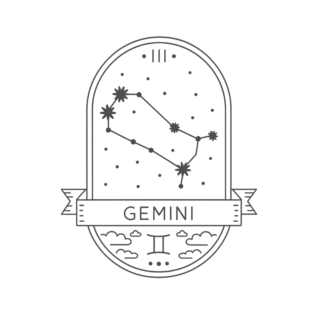Minimal black illustration of the Gemini constellation and zodiac symbol featuring connected stars within an arched celestial frame.