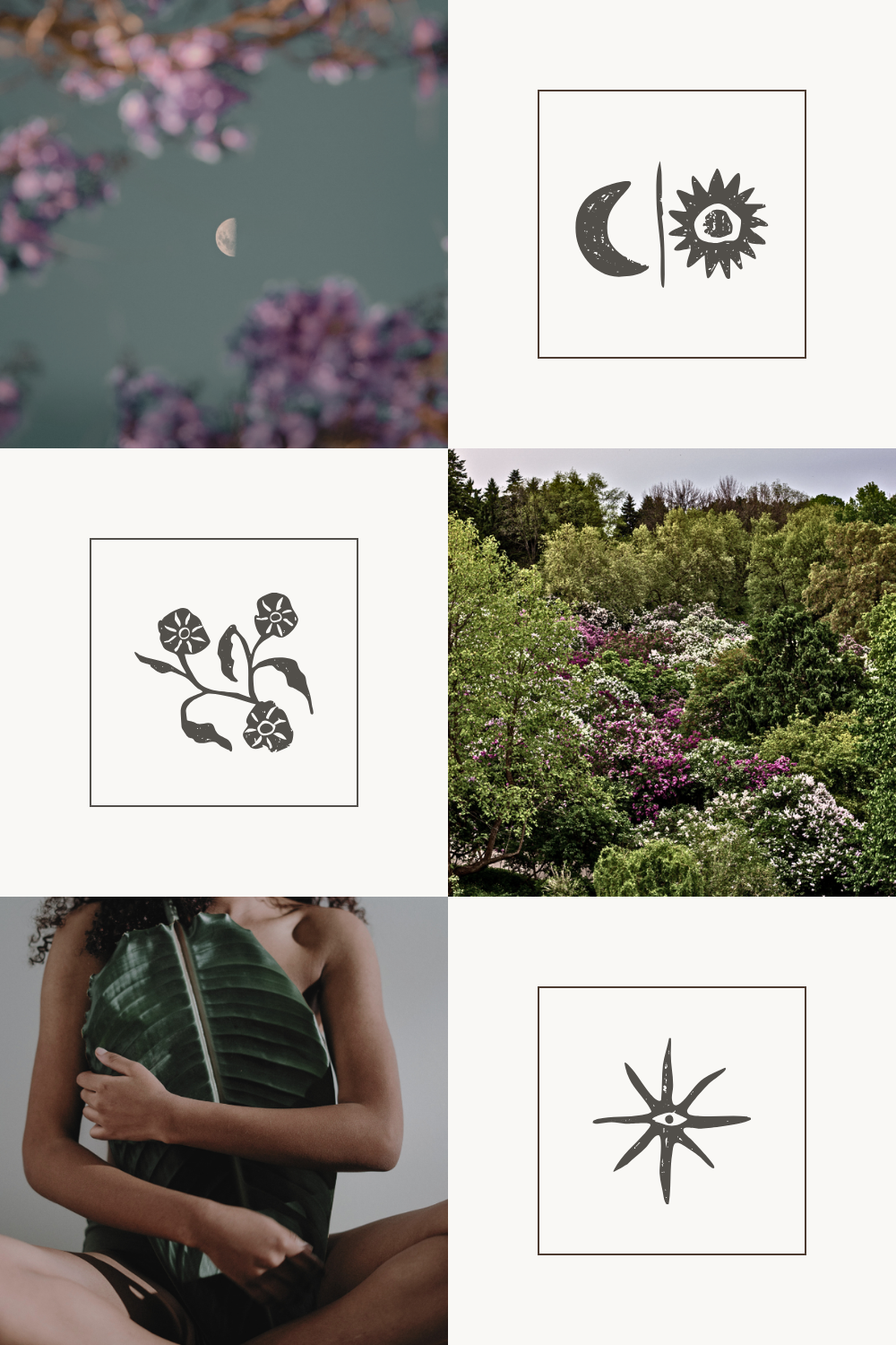 Collage illustrating the practice of reorientation through looking above, looking around, and looking within, featuring the moon, a natural landscape, and embodied reflection.