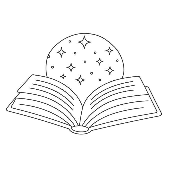 Open book with stars rising above it, symbolizing an astrology grimoire or reference guide for planets, signs, and houses.
