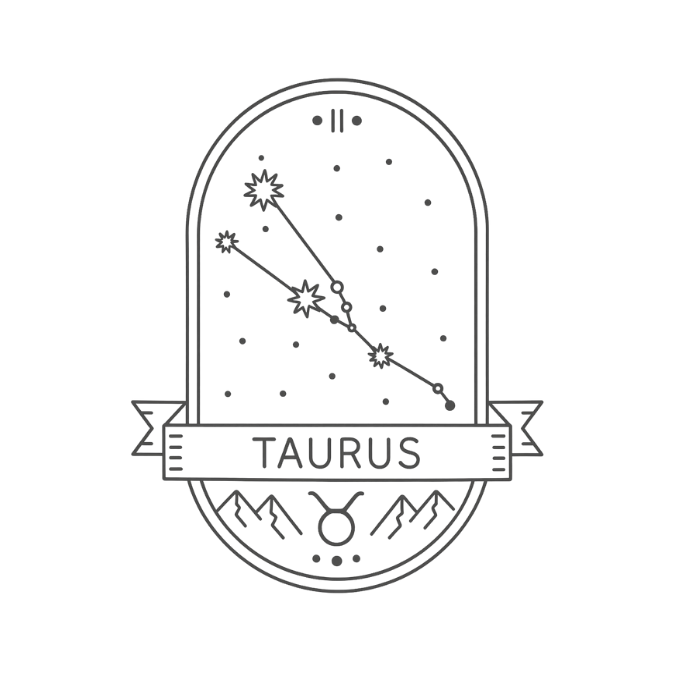 Taurus zodiac illustration featuring constellation, symbol, and earth element imagery in a minimalist astrology design