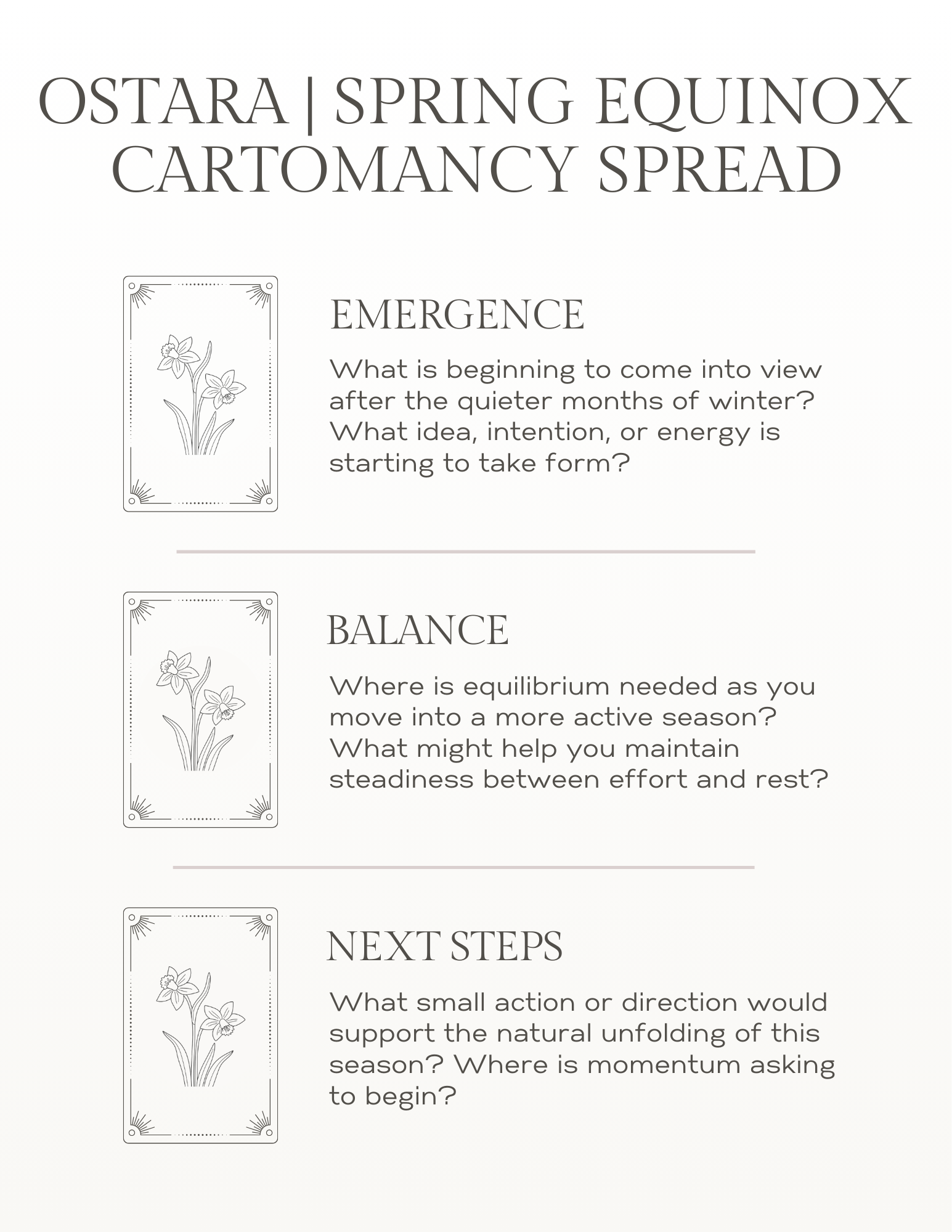 Three card Ostara cartomancy spread for the Spring Equinox featuring emergence, balance, and next steps as tarot reflection prompts.