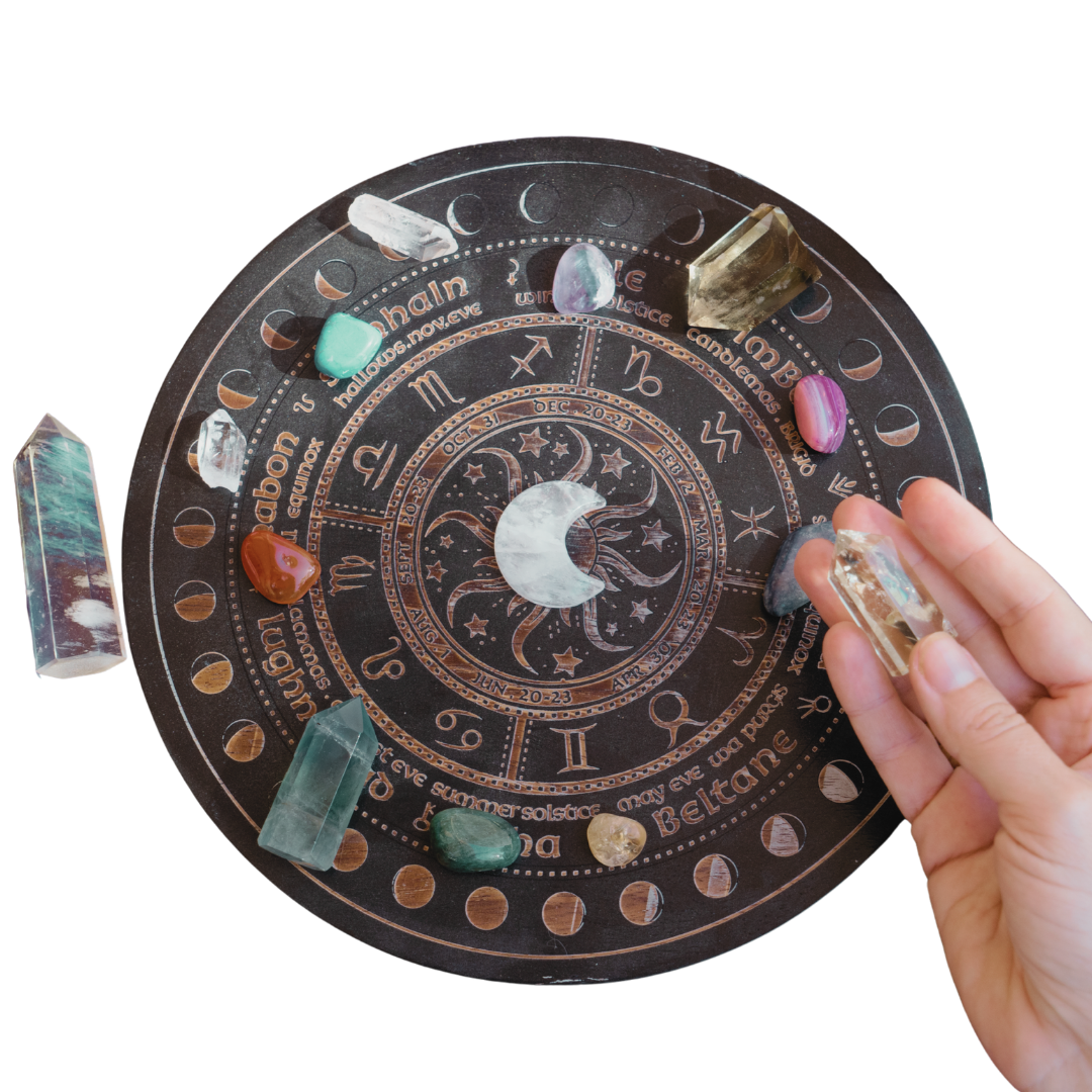 photograph with background removed of the moon phases and a hand holding crystals, symbolic picture of lunar living