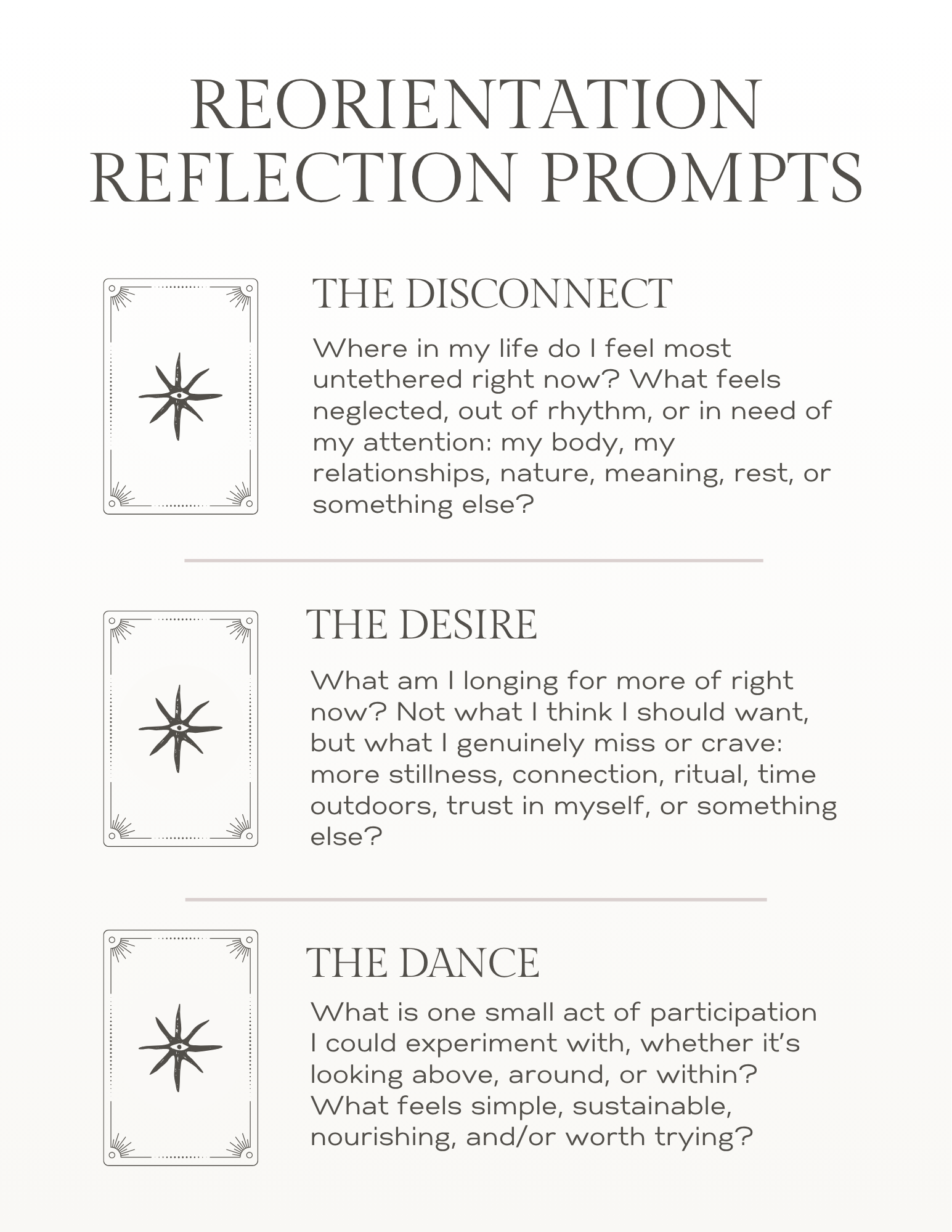 Reorientation reflection prompts exploring where we feel disconnected, what we are longing for, and one small act of participation that can help us reconnect with ourselves, nature, and meaningful rhythms.