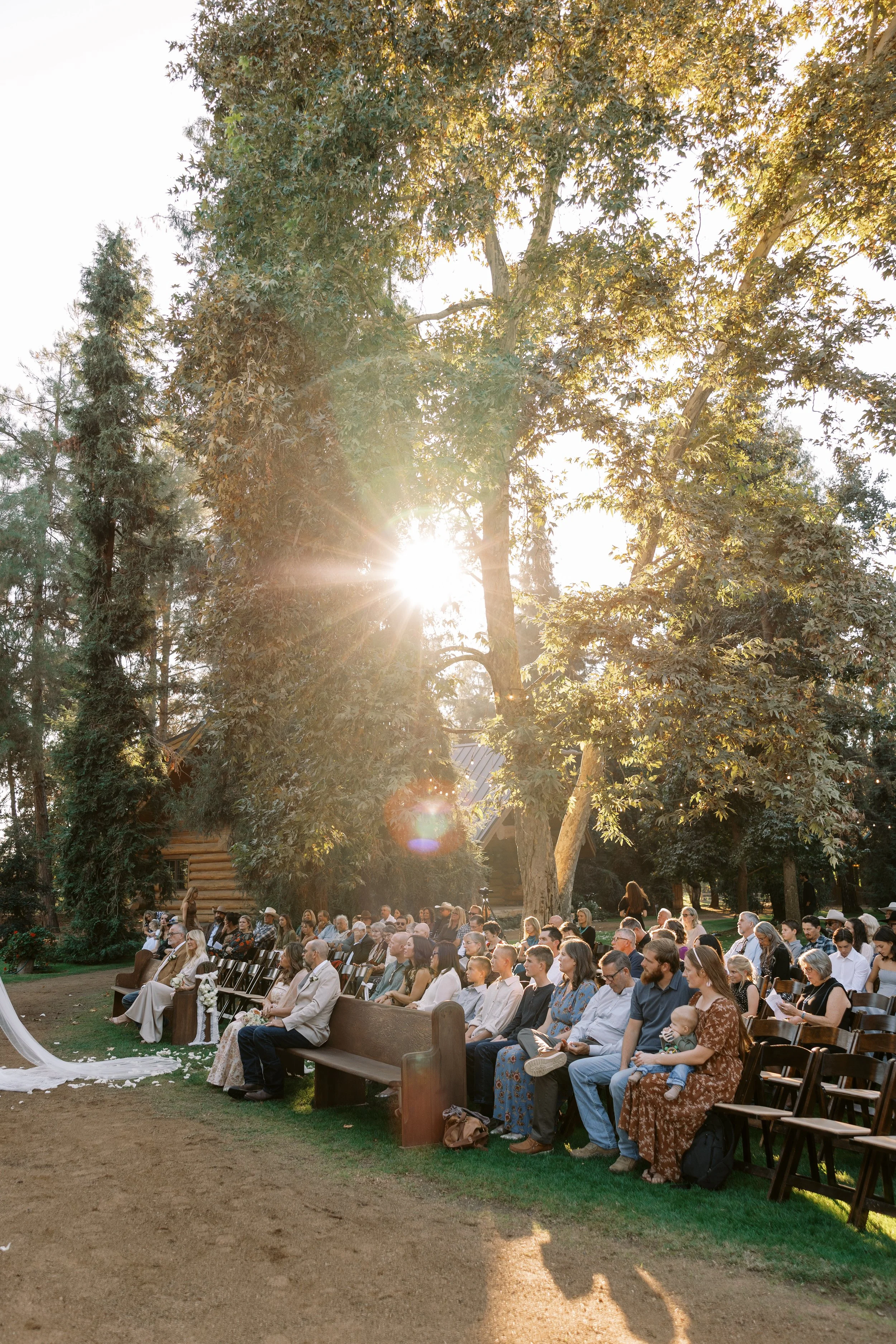People attending an outdoor wedding ceremony, seated on benches and chairs, with tall trees and sunlight in the background.