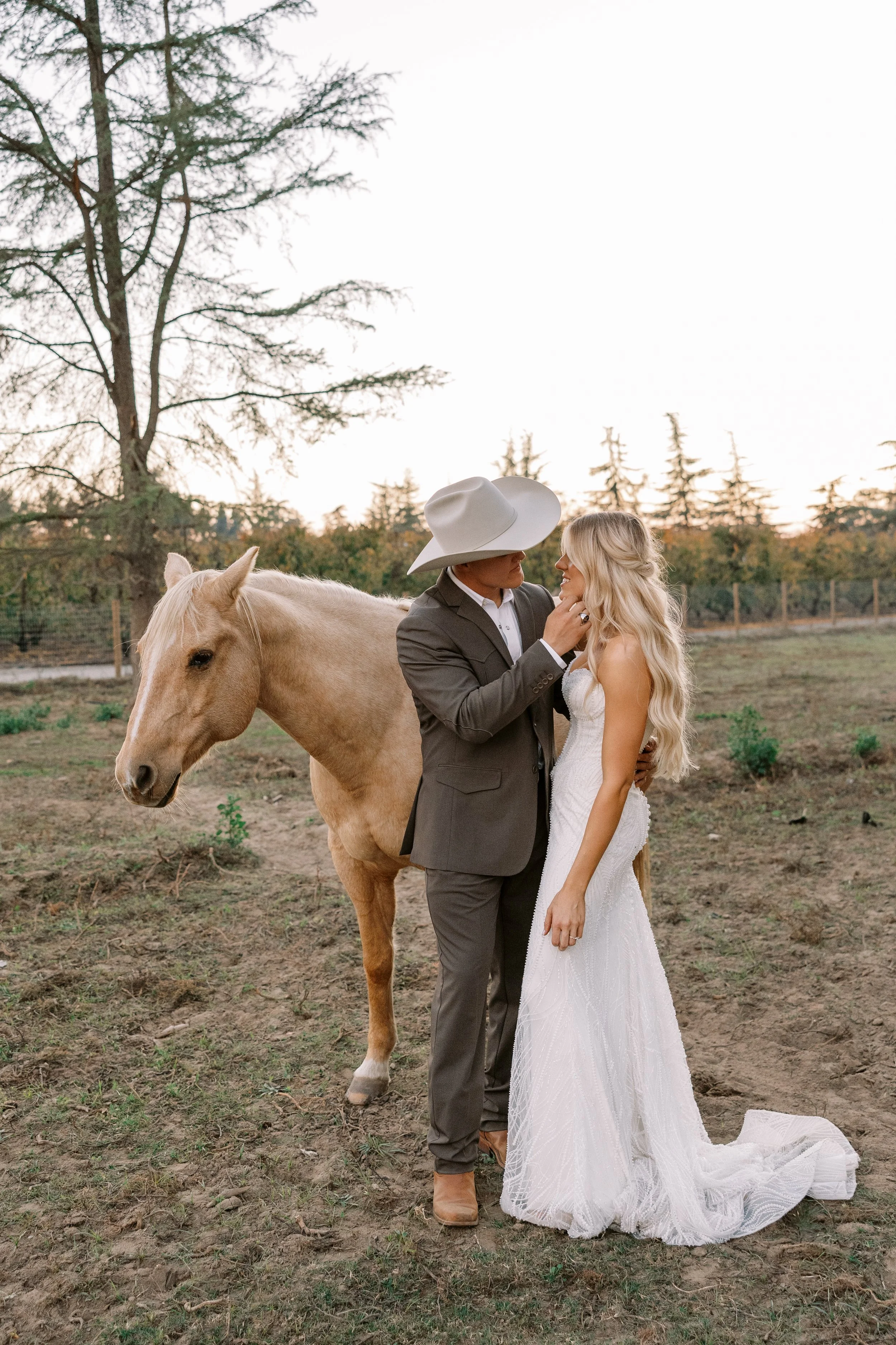 Couple on their wedding day, standing close to each other outdoors, with a horse and trees in the background at sunset