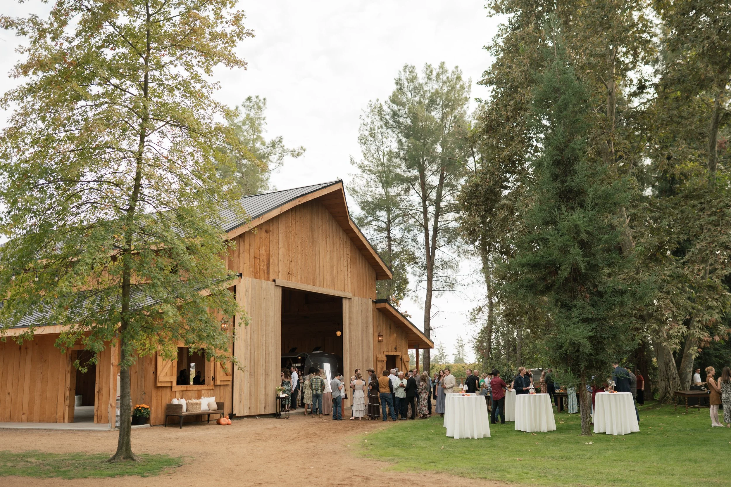 People gathered outdoors near a large wooden barn, with tall trees and a cloudy sky in the background, at what appears to be a social event or gathering.