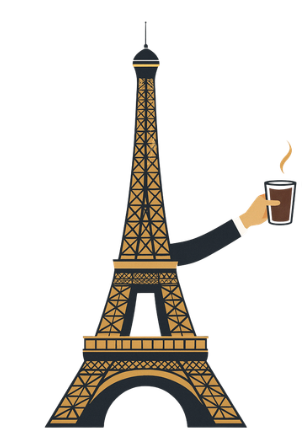 Illustration of the Eiffel Tower with a human arm extending from it holding a cup of coffee.