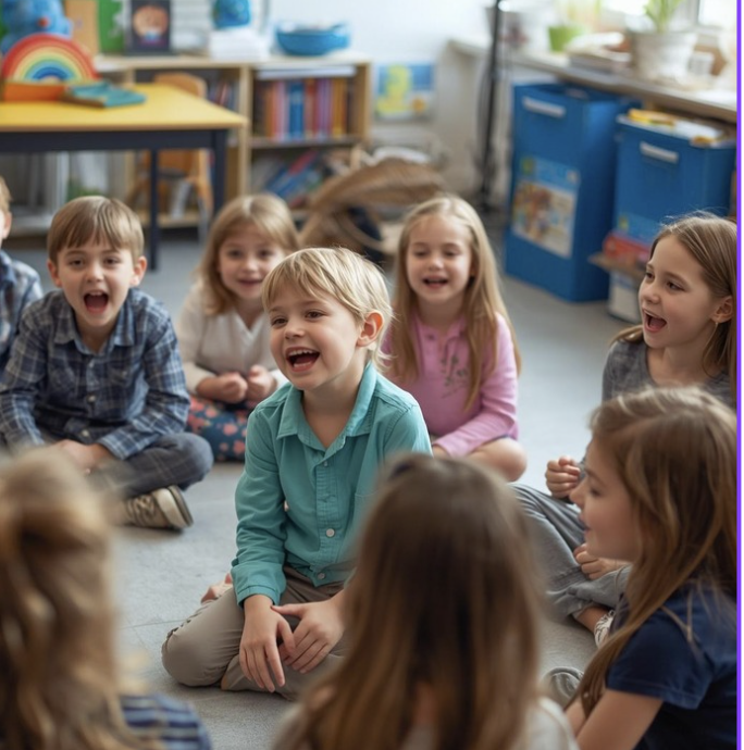 Group of young children sitting on the classroom floor, smiling and laughing during an activity.